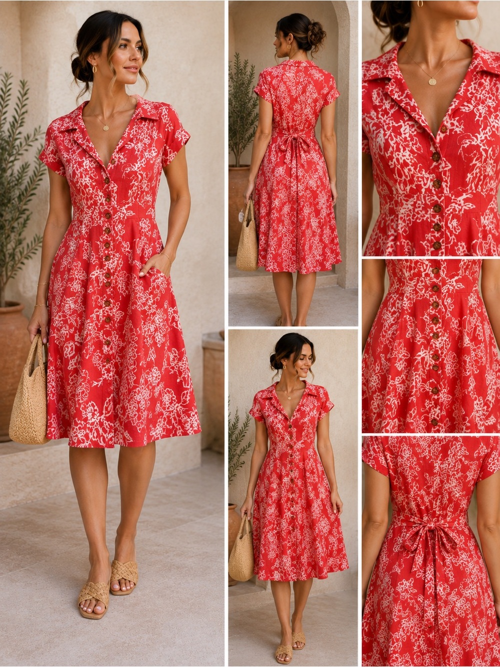 Free People Red Ivory Floral Linen Blend Button Front Dress Size 6